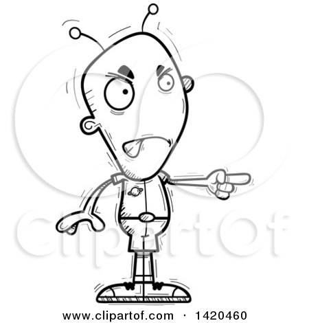 Clipart of a Cartoon Black and White Lineart Doodled Mad Alien Pointing - Royalty Free Vector Illustration by Cory Thoman