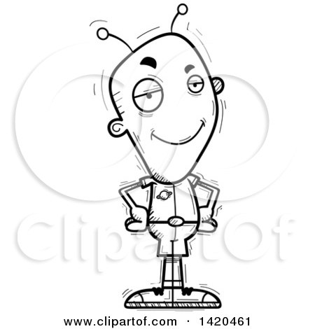 Clipart of a Cartoon Black and White Lineart Doodled Confident Alien - Royalty Free Vector Illustration by Cory Thoman