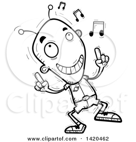 Clipart of a Cartoon Black and White Lineart Doodled Alien Dancing to Music - Royalty Free Vector Illustration by Cory Thoman
