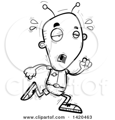 Clipart of a Cartoon Black and White Lineart Doodled Tired Alien Running - Royalty Free Vector Illustration by Cory Thoman