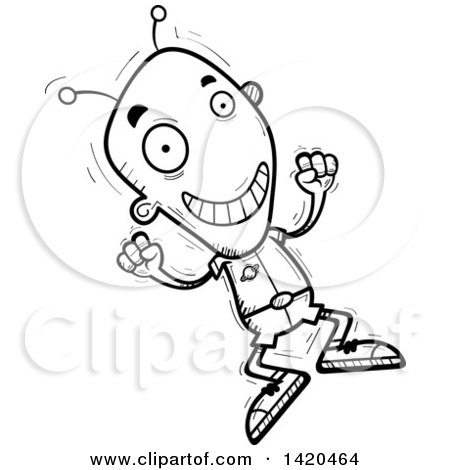 Clipart of a Cartoon Black and White Lineart Doodled Excited Alien Jumping - Royalty Free Vector Illustration by Cory Thoman