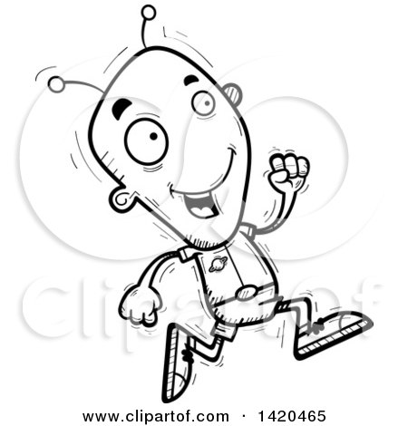 Clipart of a Cartoon Black and White Lineart Doodled Alien Running - Royalty Free Vector Illustration by Cory Thoman