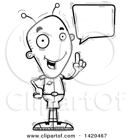 Clipart of a Cartoon Black and White Lineart Doodled Alien Holding up a Finger and Talking - Royalty Free Vector Illustration by Cory Thoman