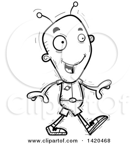Clipart of a Cartoon Black and White Lineart Doodled Alien Walking - Royalty Free Vector Illustration by Cory Thoman