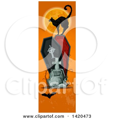 Clipart of a Vertical Website Banner of a Black Cat Against a Full Moon on a Coffin, with a Tombstone and Bat on Orange - Royalty Free Vector Illustration by Vector Tradition SM