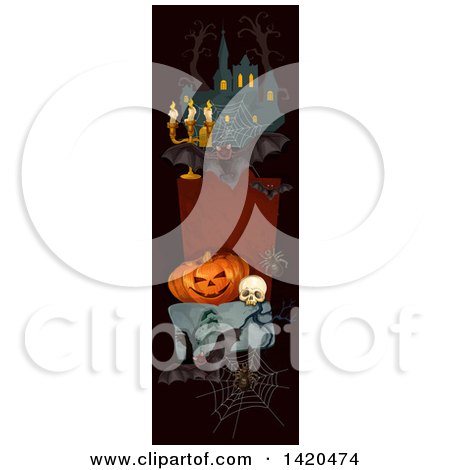 Clipart of a Vertical Website Banner of a Bat, Haunted Castle, Halloween Pumpkin and Skull - Royalty Free Vector Illustration by Vector Tradition SM
