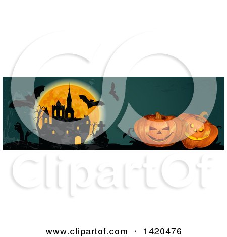 Clipart of a Header Website Banner of a Full Moon, Bats, Haunted Castle, Tombstone and Halloween Pumpkins - Royalty Free Vector Illustration by Vector Tradition SM