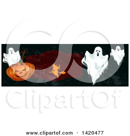 Clipart of a Header Website Banner of a Witch, Ghosts, and Pumpkins - Royalty Free Vector Illustration by Vector Tradition SM