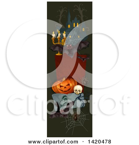 Clipart of a Vertical Website Banner of a Bat, Haunted Castle, Halloween Pumpkin and Skull - Royalty Free Vector Illustration by Vector Tradition SM