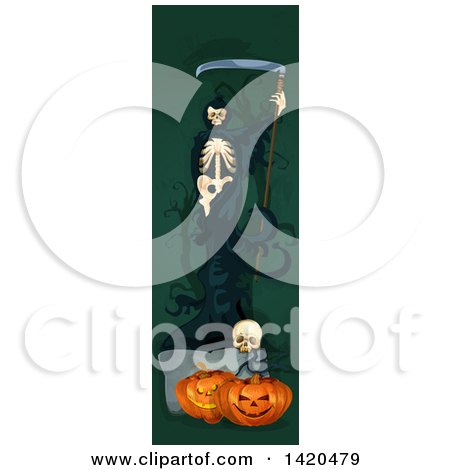 Clipart of a Vertical Website Banner of a Grim Reaper over Halloween Pumpkins and a Skull - Royalty Free Vector Illustration by Vector Tradition SM