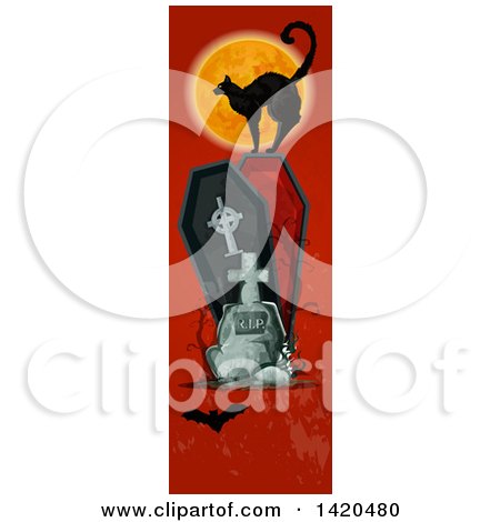 Clipart of a Vertical Website Banner of a Black Cat Against a Full Moon on a Coffin, with a Tombstone and Bat on Red - Royalty Free Vector Illustration by Vector Tradition SM