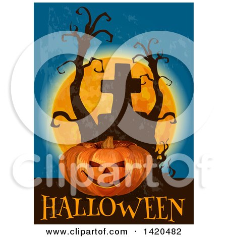Clipart of a Jackolantern Pumpkin, Dead Trees, Full Moon, Halloween Text and Tombstone - Royalty Free Vector Illustration by Vector Tradition SM