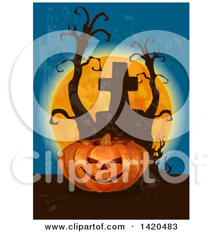 Clipart of a Halloween Jackolantern Pumpkin, Dead Trees, Full Moon and Tombstone - Royalty Free Vector Illustration by Vector Tradition SM
