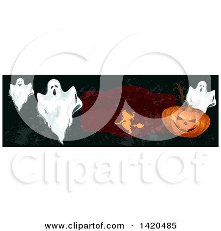 Clipart of a Header Website Banner of a Witch, Ghosts and Halloween Pumpkin - Royalty Free Vector Illustration by Vector Tradition SM