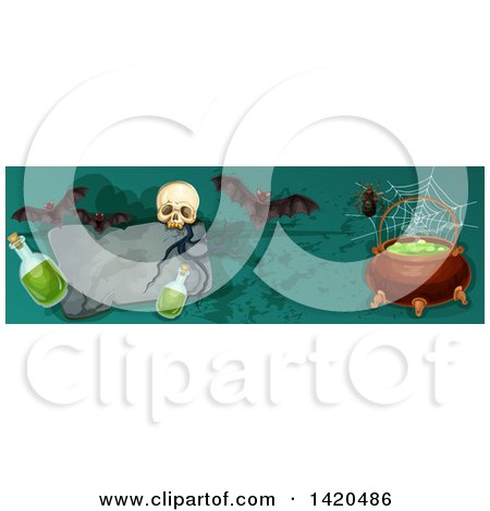 Clipart of a Header Website Banner of a Witch Cauldron, Potion Bottles, Bats, a Skull and Tombstone - Royalty Free Vector Illustration by Vector Tradition SM