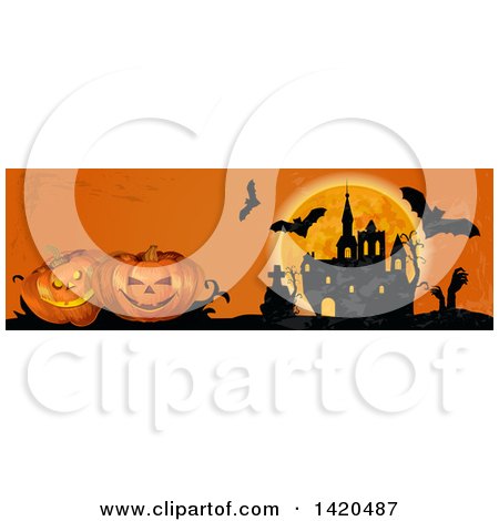 Clipart of a Header Website Banner of a Full Moon, Vampire Bats, Zombie Hands, Haunted Castle and Halloween Pumpkins - Royalty Free Vector Illustration by Vector Tradition SM