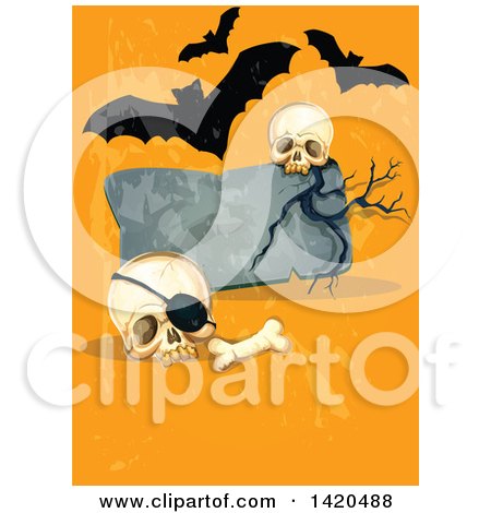 Clipart of a Tombstone with Skulls and Vampire Bats on Orange - Royalty Free Vector Illustration by Vector Tradition SM