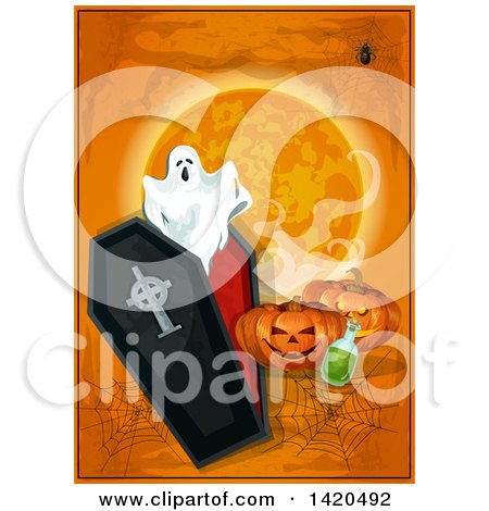 Clipart of a Spooky Ghost, Coffin, Halloween Pumpkins, Potion Bottle, Spider, Webs and Full Moon on Orange - Royalty Free Vector Illustration by Vector Tradition SM