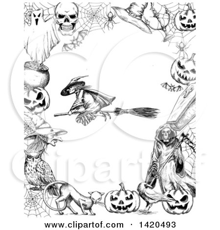 Clipart of a Sketched Black and White Flying Witch in a Border - Royalty Free Vector Illustration by Vector Tradition SM