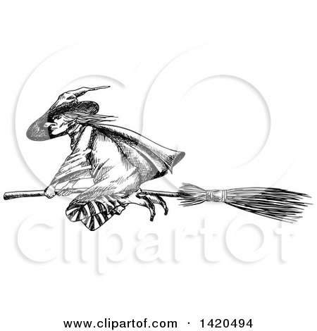 Clipart of a Sketched Black and White Flying Witch - Royalty Free Vector Illustration by Vector Tradition SM