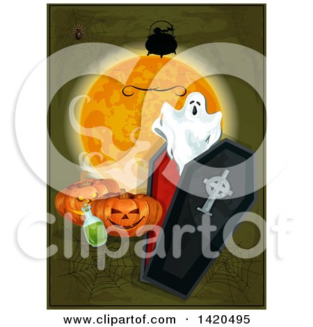 Clipart of a Spooky Ghost, Coffin, Full Moon, Cauldron, Pumpkins, Webs and Potion - Royalty Free Vector Illustration by Vector Tradition SM