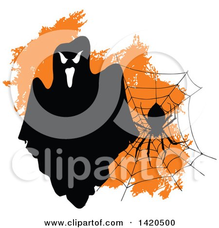 Clipart of a Spooky Ghost, Spider and Web over Orange - Royalty Free Vector Illustration by Vector Tradition SM