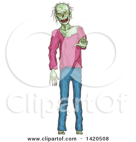 Clipart of a Sketched and Color Filled Zombie - Royalty Free Vector Illustration by Vector Tradition SM