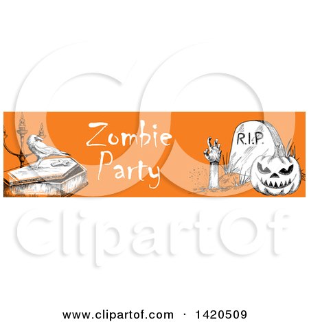 Clipart of a Header Website Banner of a Sketched Halloween Pumpkin, Rising Zombie, Crow and Coffin on Orange - Royalty Free Vector Illustration by Vector Tradition SM