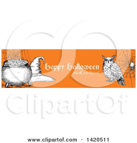 Clipart of a Header Website Banner of a Sketched Owl, Spider, Witch Hat and Cauldron on Orange - Royalty Free Vector Illustration by Vector Tradition SM
