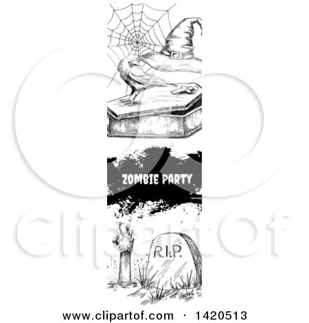 Clipart of a Vertical Website Banner of a Sketched Spider Web, Crow on a Coffin, Text and a Zombie - Royalty Free Vector Illustration by Vector Tradition SM