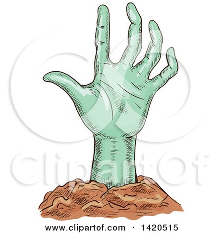 Clipart of a Sketched and Color Filled Rising Zombie Hand - Royalty Free Vector Illustration by Vector Tradition SM