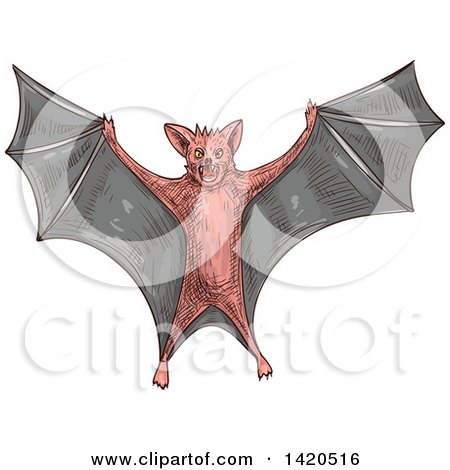 Clipart of a Sketched and Color Filled Flying Bat - Royalty Free Vector Illustration by Vector Tradition SM