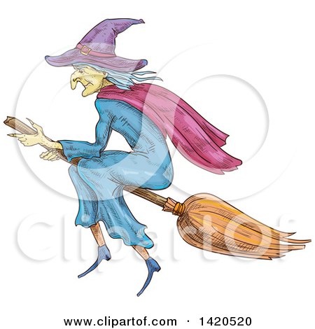 Clipart of a Sketched and Color Filled Witch Flying on a Broomstick - Royalty Free Vector Illustration by Vector Tradition SM