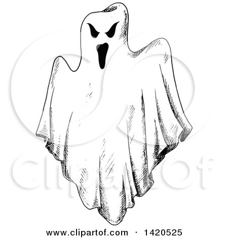 Clipart of a Sketched Black and White Ghost - Royalty Free Vector Illustration by Vector Tradition SM