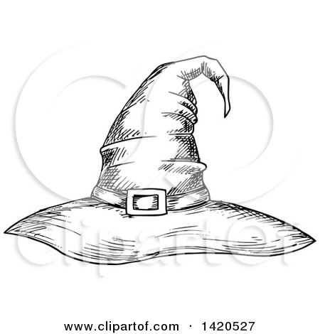 Clipart of a Sketched Black and White Witch Hat - Royalty Free Vector Illustration by Vector Tradition SM