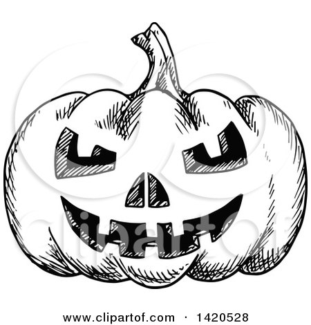 Clipart of a Sketched Black and White Halloween Jackolantern Pumpkin - Royalty Free Vector Illustration by Vector Tradition SM