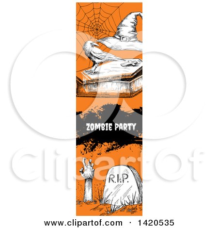 Clipart of a Vertical Website Banner of a Sketched Spider Web, Crow on a Coffin, Text and a Zombie - Royalty Free Vector Illustration by Vector Tradition SM