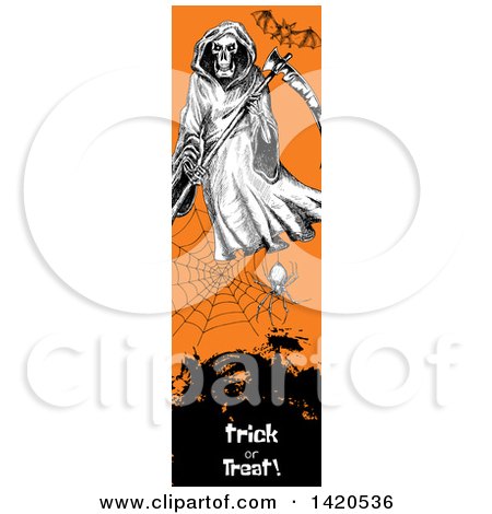 Clipart of a Vertical Website Banner of a Sketched Bat, Grim Reaper and Spider Web over Text - Royalty Free Vector Illustration by Vector Tradition SM