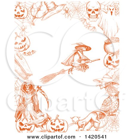 Clipart of a Sketched Orange Witch Flying on a Broomstick in a Border - Royalty Free Vector Illustration by Vector Tradition SM