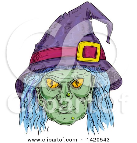 Clipart of a Sketched and Color Filled Witch Face - Royalty Free Vector Illustration by Vector Tradition SM