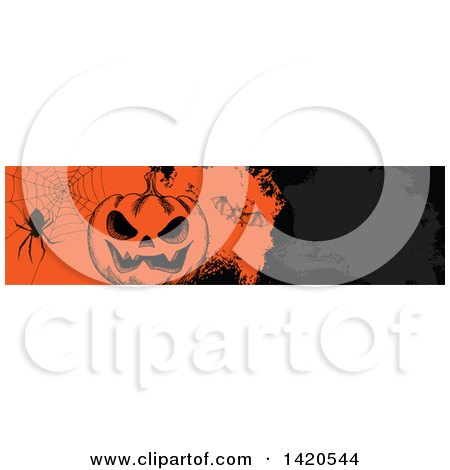 Clipart of a Header Website Banner of a Sketched Halloween Pumpkin, Bat and Spider - Royalty Free Vector Illustration by Vector Tradition SM