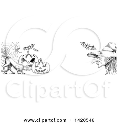 Clipart of a Header Website Banner of a Sketched Cat with Halloween Pumpkins, Bats, a Spider and Witch - Royalty Free Vector Illustration by Vector Tradition SM