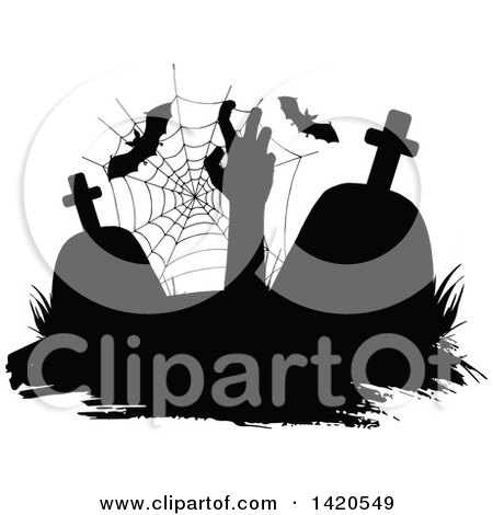 Clipart of a Black and White Silhouetted Spider Web, Tombstones, Bats and a Rising Zombie - Royalty Free Vector Illustration by Vector Tradition SM