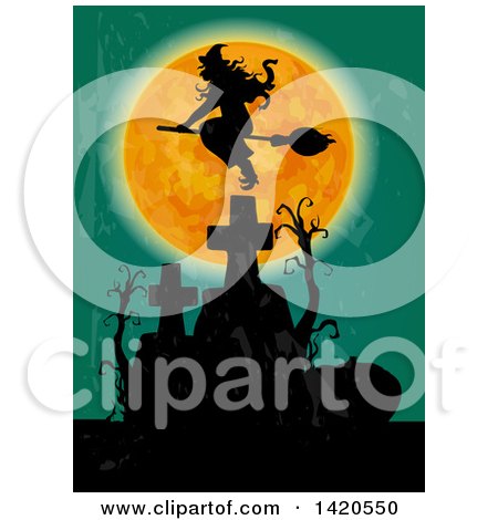Clipart of a Silhouetted Witch Flying Against a Full Moon over a Cemetery - Royalty Free Vector Illustration by Vector Tradition SM