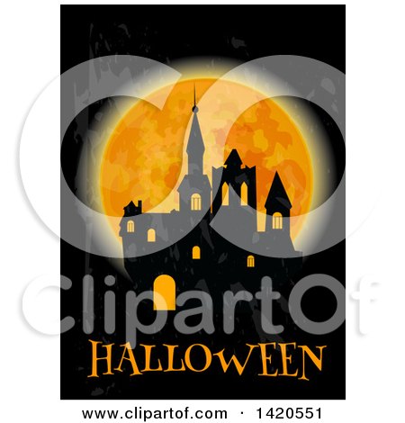 Clipart of a Silhouetted Haunted Castle Against a Full Moon over Halloween Text - Royalty Free Vector Illustration by Vector Tradition SM