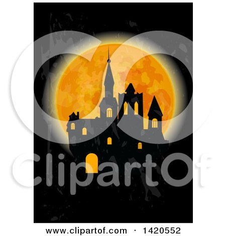 Clipart of a Silhouetted Haunted Castle Against a Full Moon - Royalty Free Vector Illustration by Vector Tradition SM