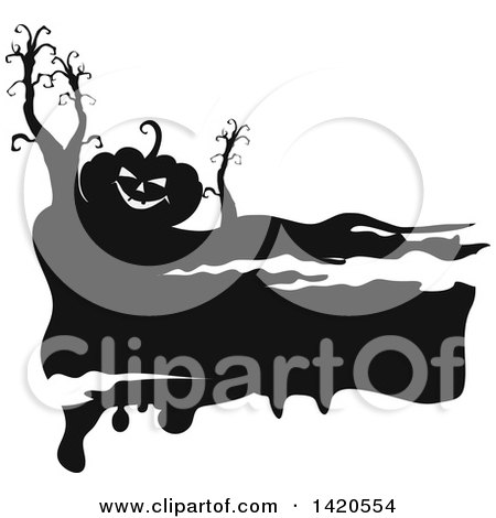Clipart of a Black and White Silhouetted Halloewen Pumpkin and Bare Trees - Royalty Free Vector Illustration by Vector Tradition SM