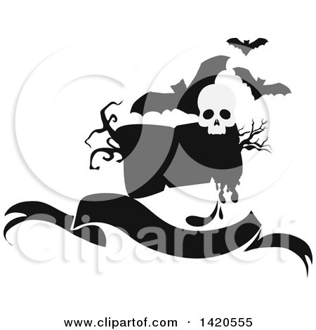 Clipart of a Black and White Silhouetted Sign, Banner, Bats and Skull - Royalty Free Vector Illustration by Vector Tradition SM