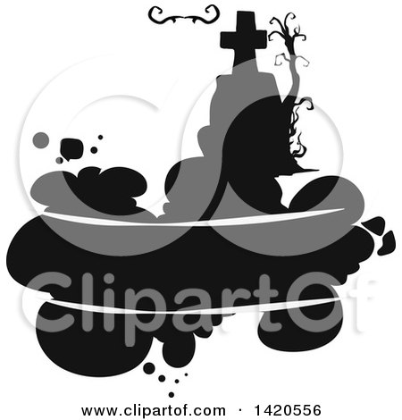 Clipart of a Black and White Silhouetted Headstone and Splatters - Royalty Free Vector Illustration by Vector Tradition SM
