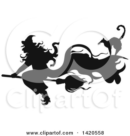 Clipart of a Black and White Silhouetted Cat and Flying Witch - Royalty Free Vector Illustration by Vector Tradition SM